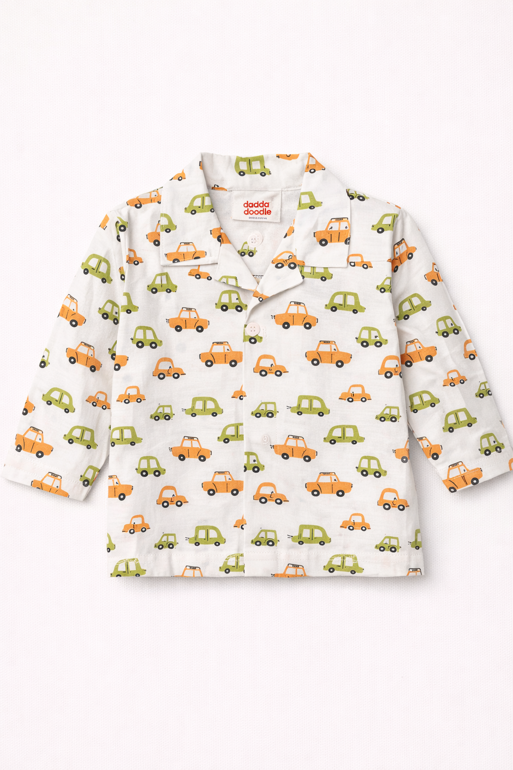 Dadda Doodle Cotton Woven Full Sleeves Co-ords Night Suit With Vehicle Print - White