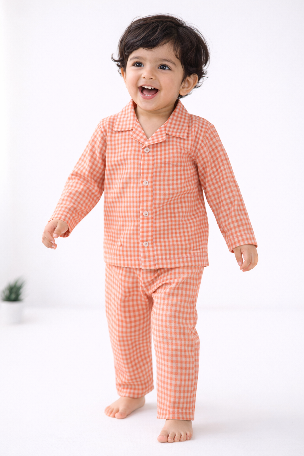 Dadda Doodle Cotton Woven Full Sleeves Co-ords Night Suit With Checkered Print- Orange