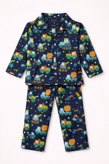 Dadda Doodle Cotton Woven Full Sleeves Co-ords Night Suit With vehicle Print - Blue
