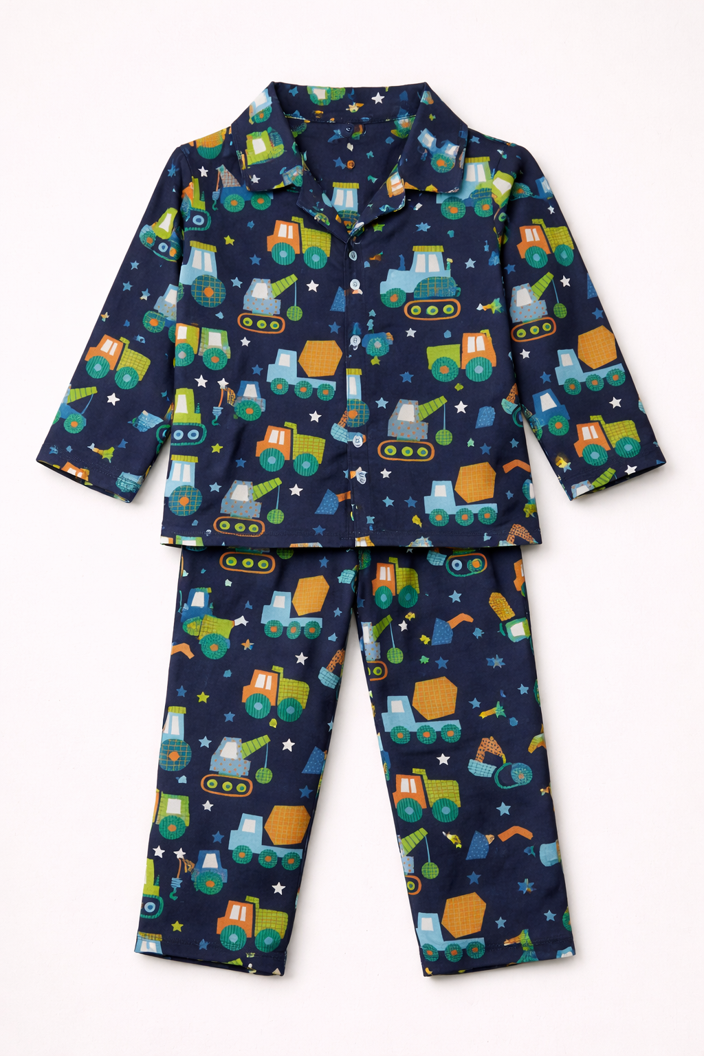 Dadda Doodle Cotton Woven Full Sleeves Co-ords Night Suit With vehicle Print - Blue
