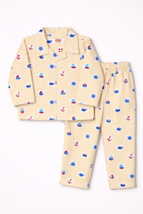 Dadda Doodle Cotton Woven Full Sleeves Co-ords Night Suit With Boat