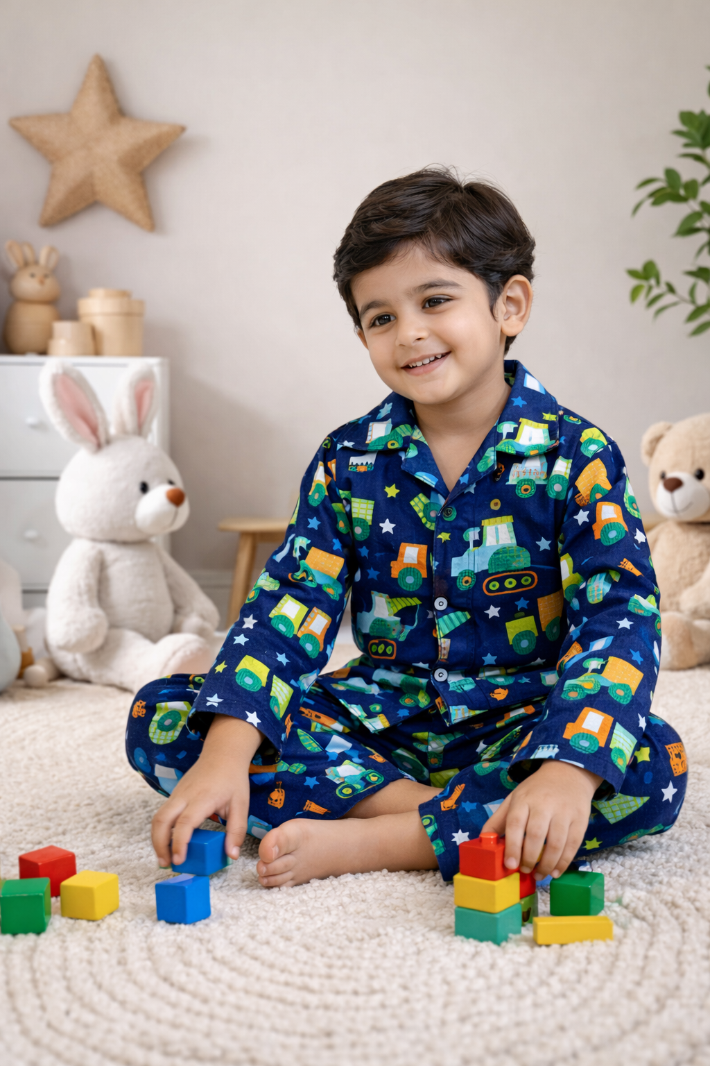 Dadda Doodle Cotton Woven Full Sleeves Co-ords Night Suit With vehicle Print - Blue