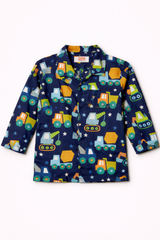 Dadda Doodle Cotton Woven Full Sleeves Co-ords Night Suit With vehicle Print - Blue