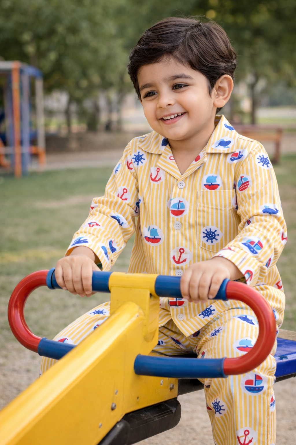 Dadda Doodle Cotton Woven Full Sleeves Co-ords Night Suit With Boat
