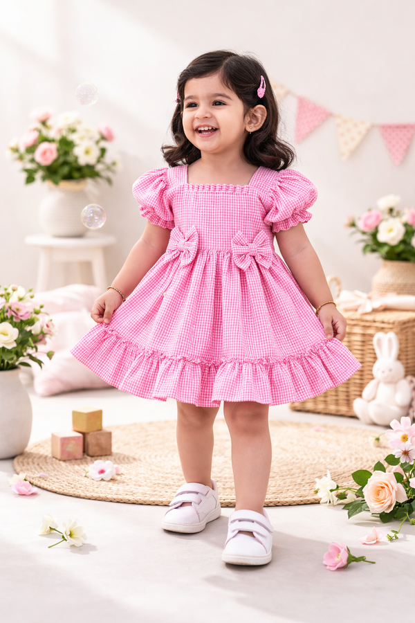 Dadda Doodle Seer Sucker Frock with bow details - Pink