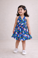 Dadda Doodle All Over Floral Printed Sleeveless Frock - Blue