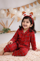 Dadda Doodle Cotton Woven Full Sleeves Co-ords Night Suit With Checkered Print - Red