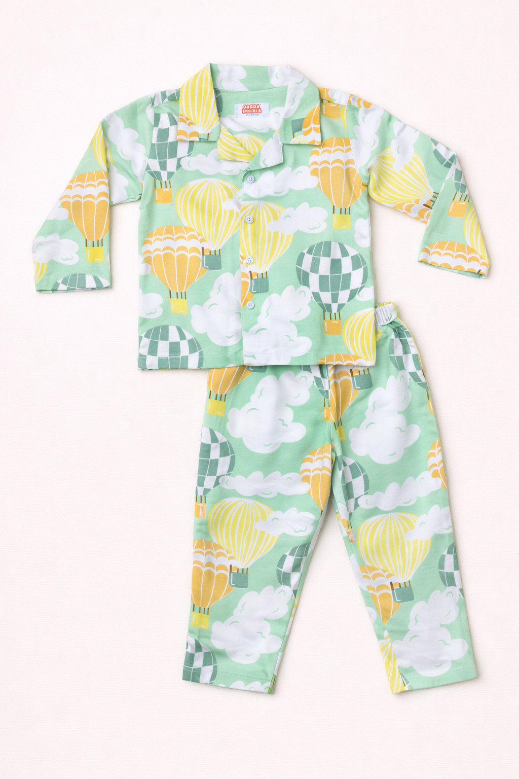 Dadda Doodle Cotton Woven Full Sleeves Co-ords Night Suit With Hot Air Ballon Print - Multi