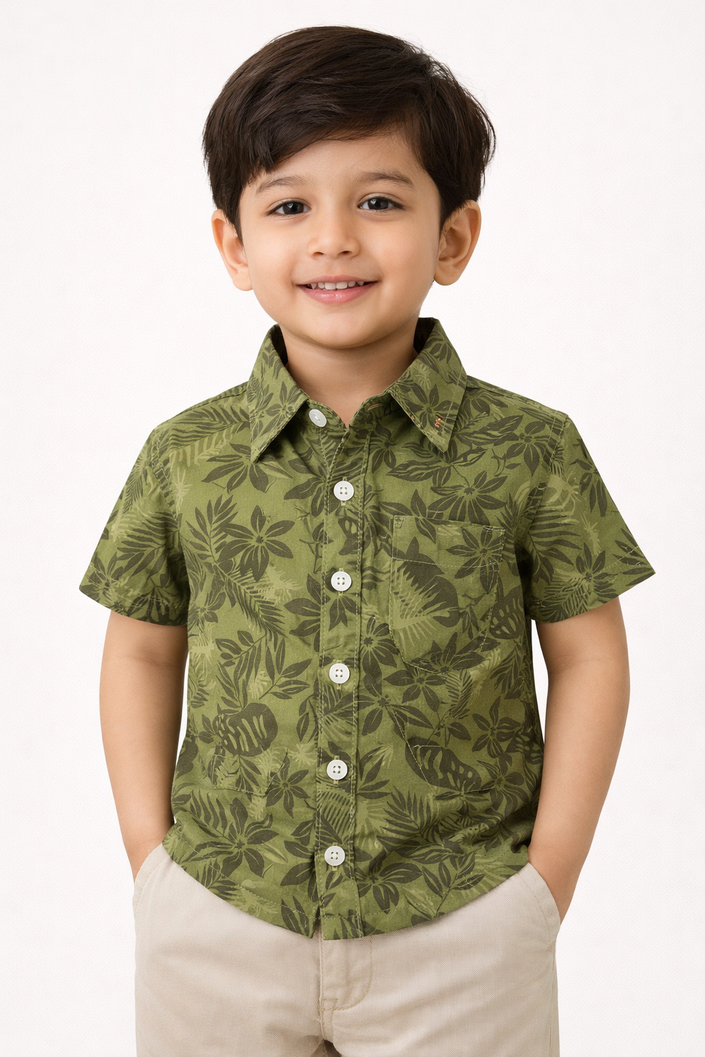 Dadda Doodle 100% Cotton Woven Half Sleeves Tropical Theme Printed Shirt - Olive Green