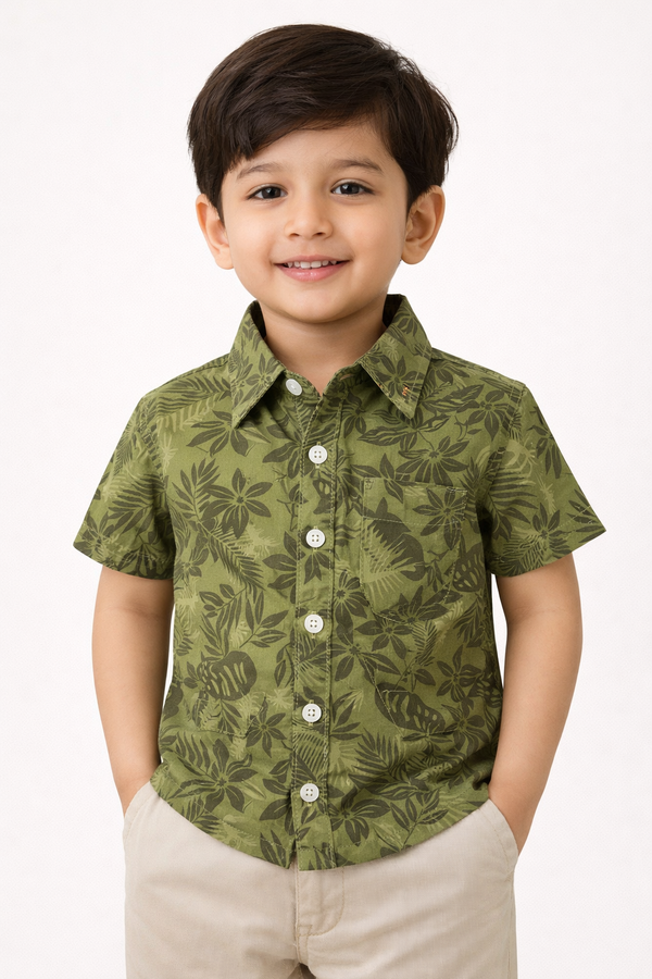 Dadda Doodle 100% Cotton Woven Half Sleeves Tropical Theme Printed Shirt - Olive Green