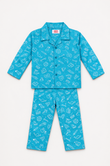 Dadda Doodle Cotton Woven Full Sleeves Co-ords Night Suit With Winter Blue