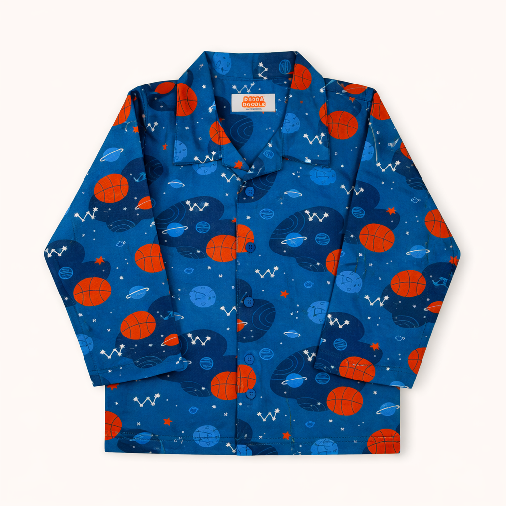 Dadda Doodle Cotton Woven Full Sleeves Co-ords Night Suit With BasketBall Print