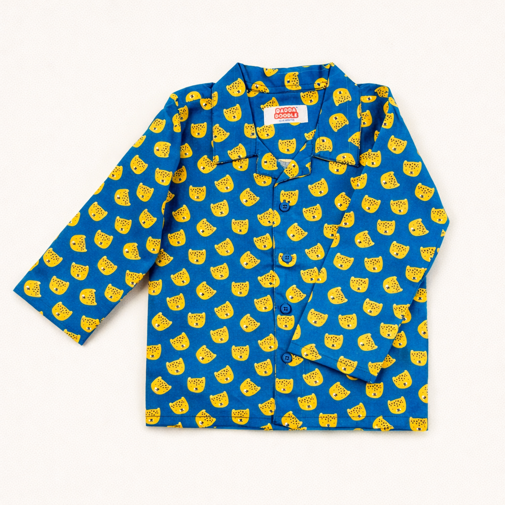 Dadda Doodle Cotton Woven Full Sleeves Co-ords Night Suit With Animal Print - Teal