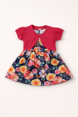 Dadda Doodle Cotton Woven Dress with Floral Print & Matching Bloomer – Red