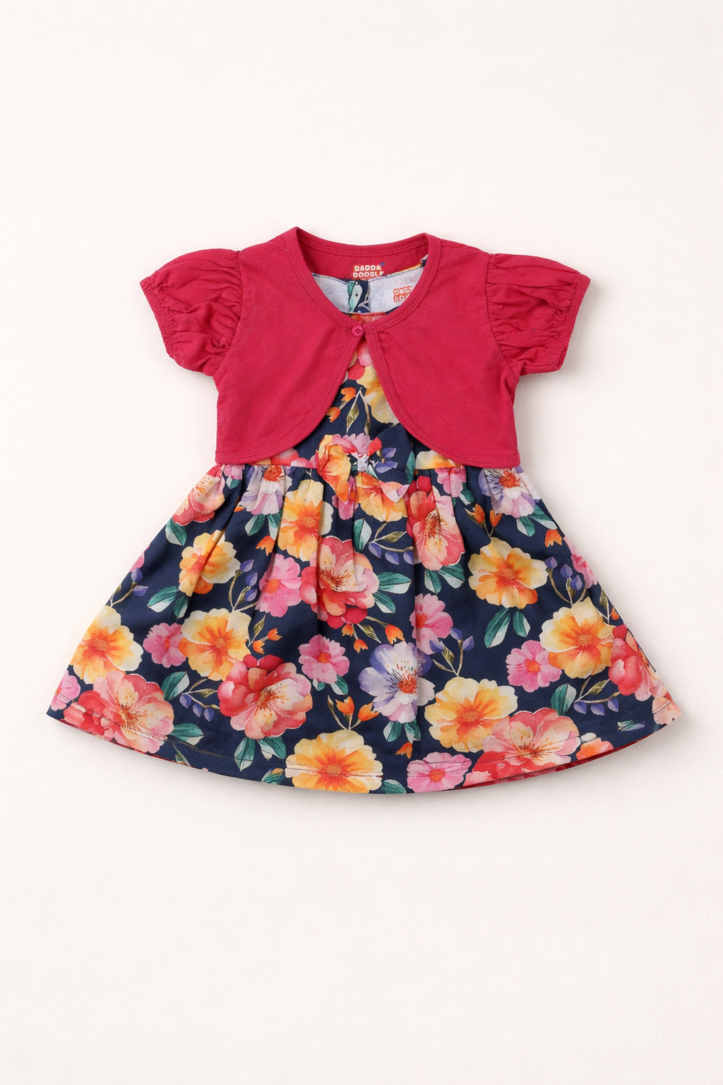 Dadda Doodle Cotton Woven Dress with Floral Print & Matching Bloomer – Red