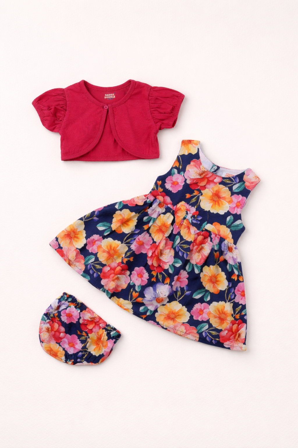 Dadda Doodle Cotton Woven Dress with Floral Print & Matching Bloomer – Red