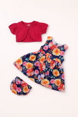 Dadda Doodle Cotton Woven Dress with Floral Print & Matching Bloomer – Red