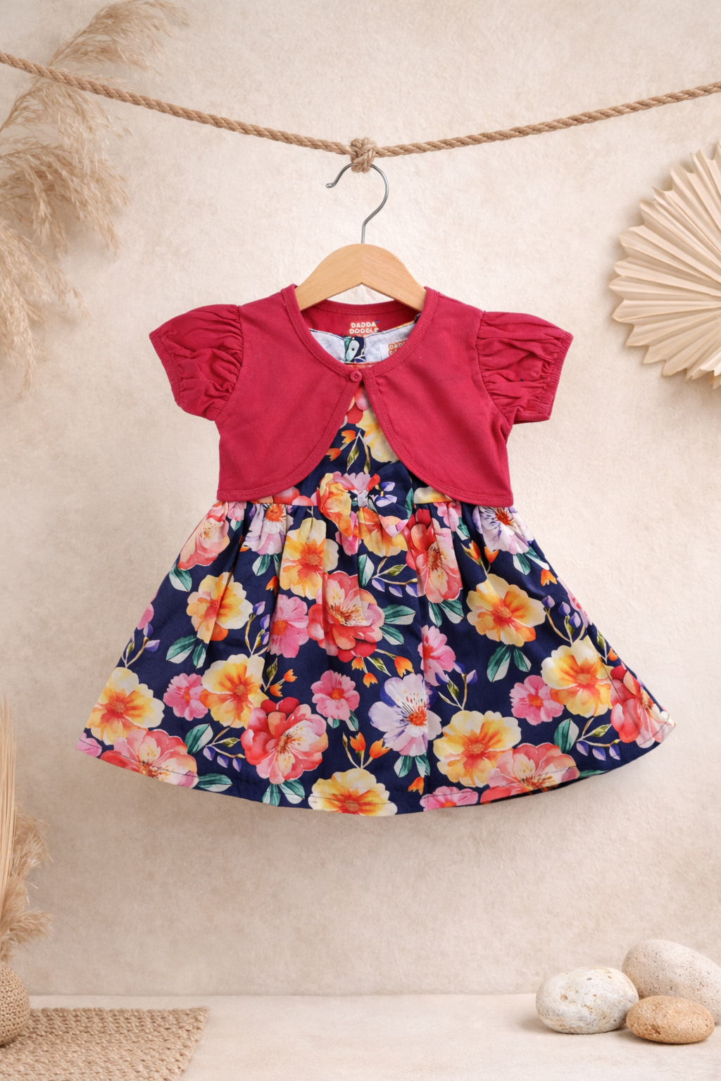 Dadda Doodle Cotton Woven Dress with Floral Print & Matching Bloomer – Red
