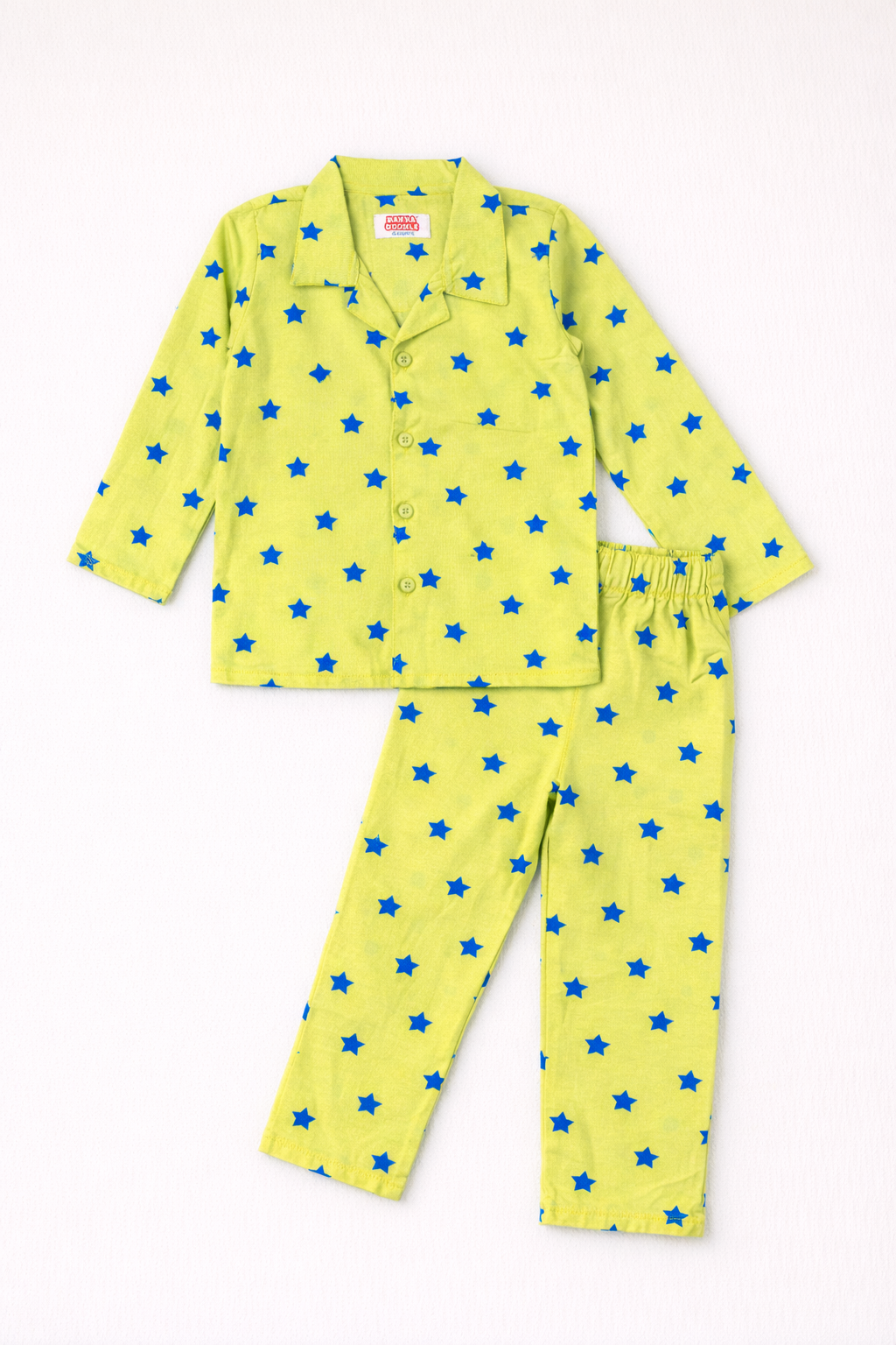 Dadda Doodle Cotton Woven Full Sleeves Co-ords Night Suit With Star Print - Lime
