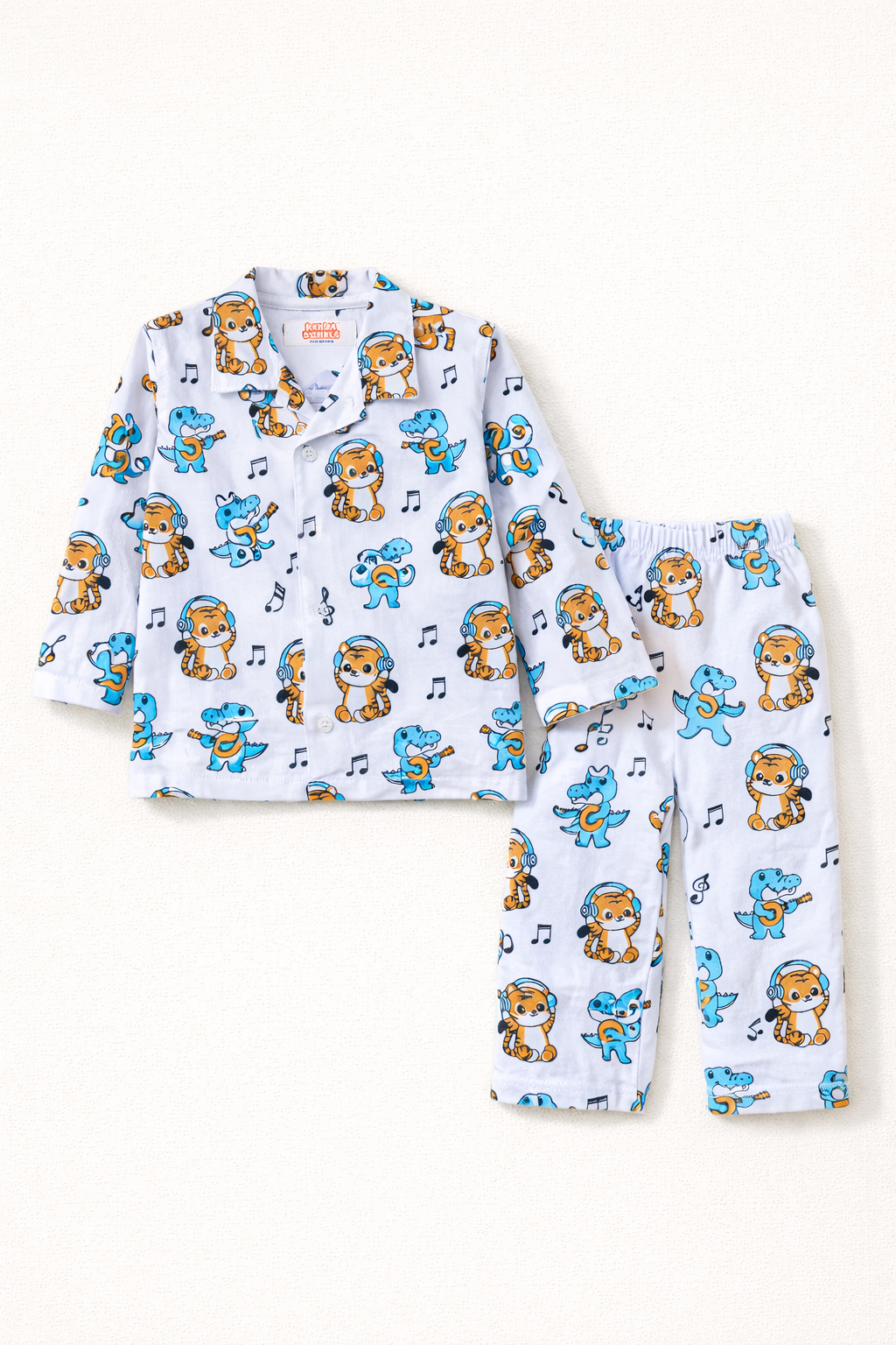 Dadda Doodle Cotton Woven Full Sleeves Co-ords Night Suit With Animal Print - White
