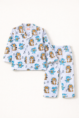 Dadda Doodle Cotton Woven Full Sleeves Co-ords Night Suit With Animal Print - White