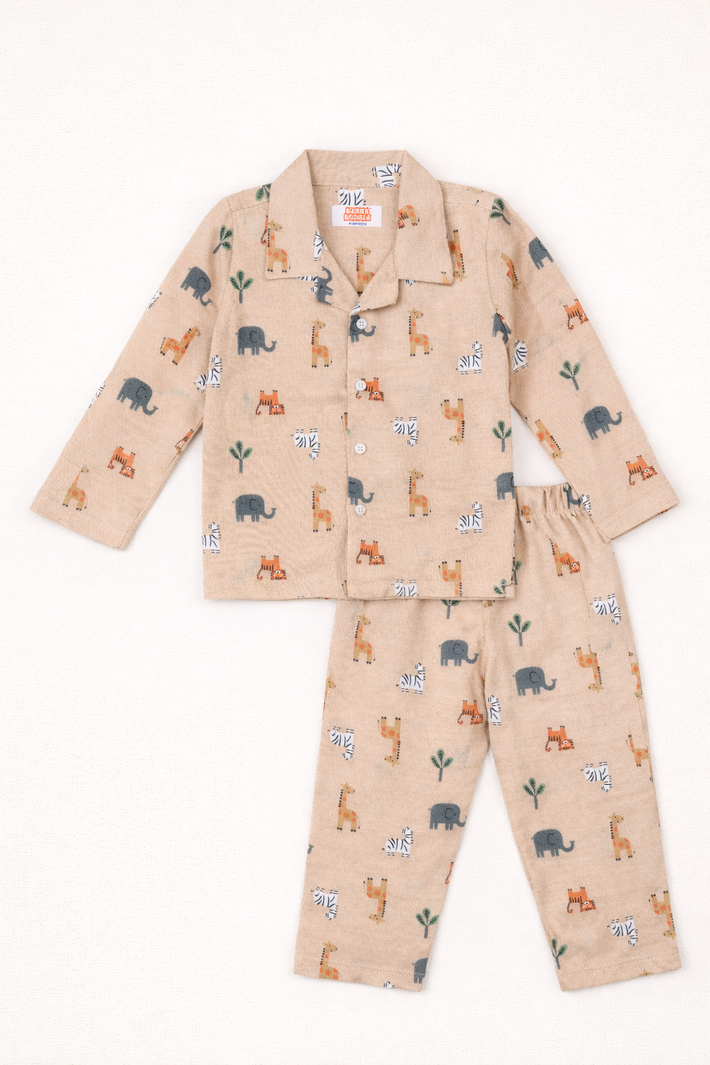 Dadda Doodle Cotton Woven Full Sleeves Co-ords Night Suit With Animal Print - Beige