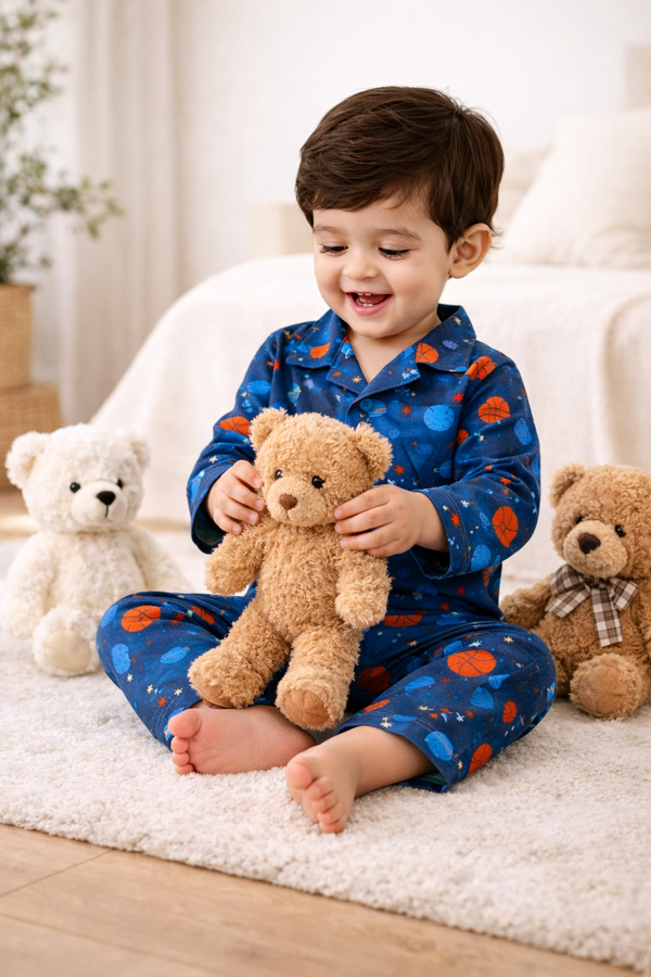 Dadda Doodle Cotton Woven Full Sleeves Co-ords Night Suit With BasketBall Print