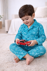 Dadda Doodle Cotton Woven Full Sleeves Co-ords Night Suit With Winter Blue