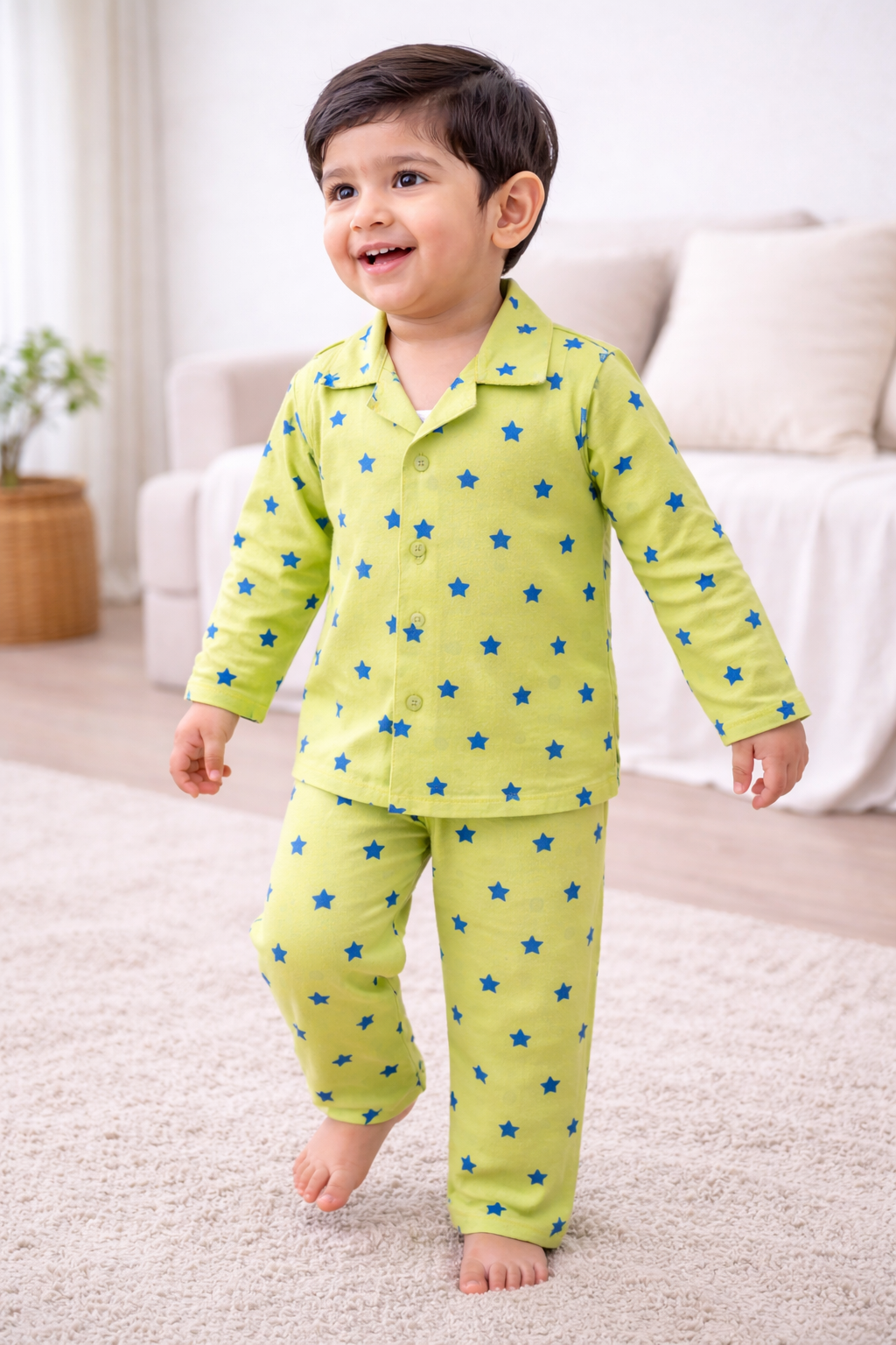 Dadda Doodle Cotton Woven Full Sleeves Co-ords Night Suit With Star Print - Lime