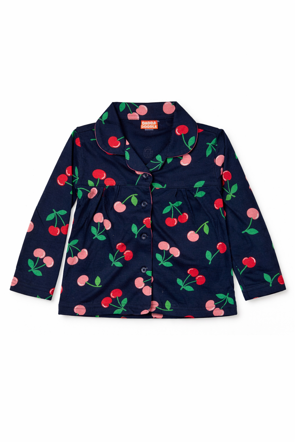 Dadda Doodle Cotton Knit Full Sleeves Co-ords Night Suit With Cherry Print - Blue