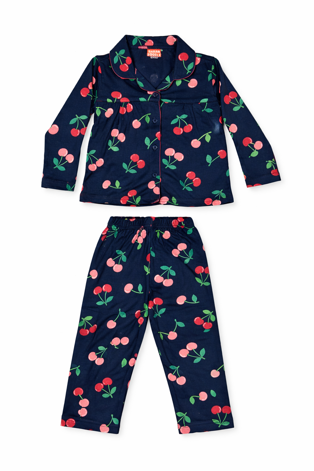 Dadda Doodle Cotton Knit Full Sleeves Co-ords Night Suit With Cherry Print - Blue