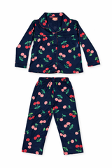 Dadda Doodle Cotton Knit Full Sleeves Co-ords Night Suit With Cherry Print - Blue