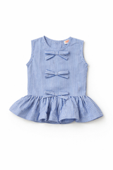 Dadda Doodle Cotton Woven Sleeveless Co-ords Set With Striped Bow Detail – Blue