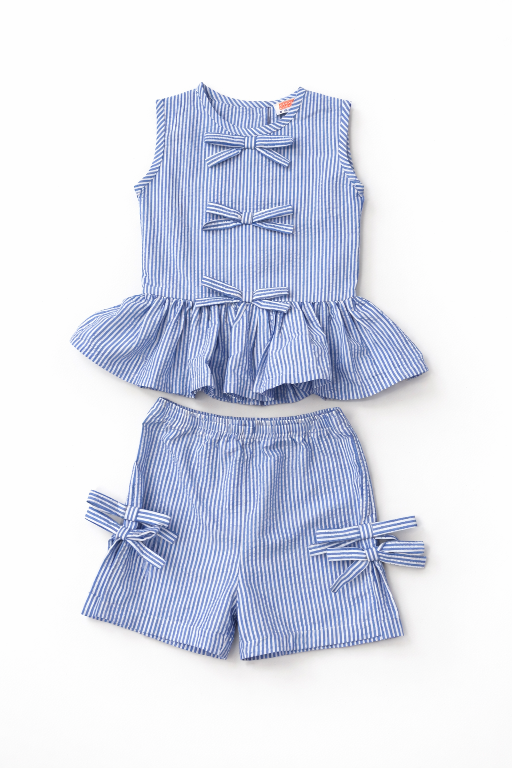 Dadda Doodle Cotton Woven Sleeveless Co-ords Set With Striped Bow Detail – Blue