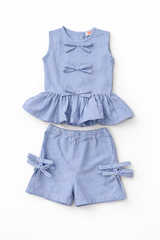 Dadda Doodle Cotton Woven Sleeveless Co-ords Set With Striped Bow Detail – Blue