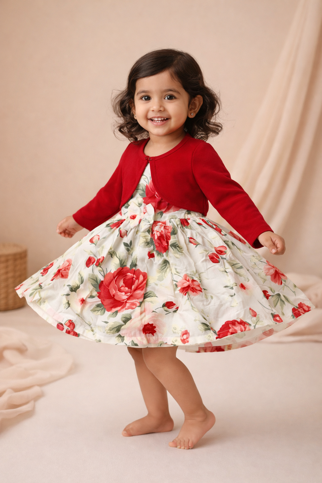 Dadda Doodle White All over floral printed Frock with Red Shrug