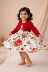 Dadda Doodle White All over floral printed Frock with Red Shrug