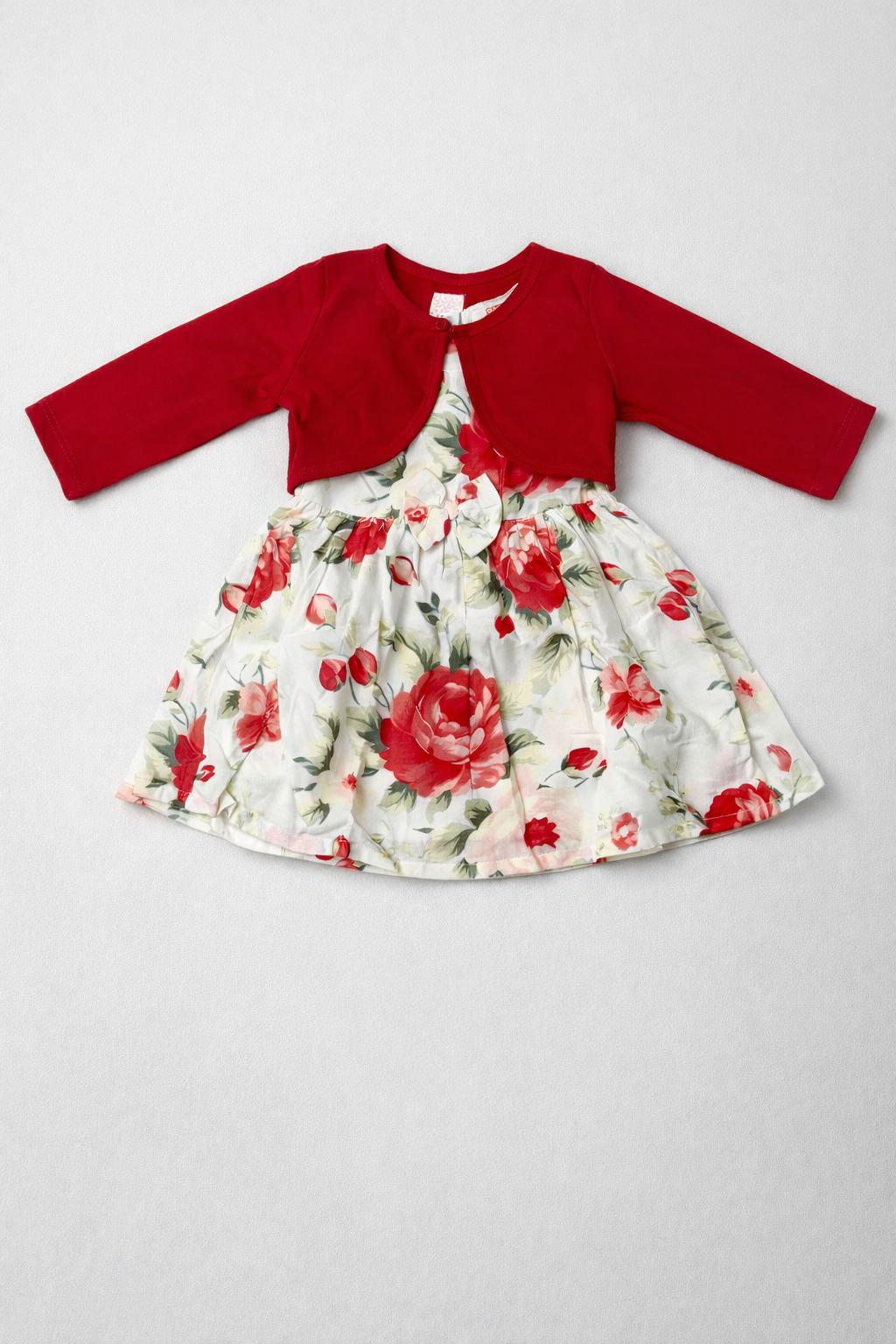Dadda Doodle White All over floral printed Frock with Red Shrug