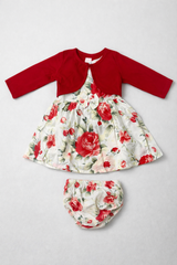Dadda Doodle White All over floral printed Frock with Red Shrug
