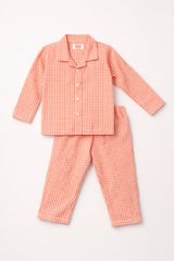 Dadda Doodle Cotton Woven Full Sleeves Co-ords Night Suit With Checkered Print- Orange