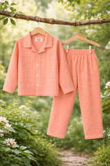 Dadda Doodle Cotton Woven Full Sleeves Co-ords Night Suit With Checkered Print- Orange