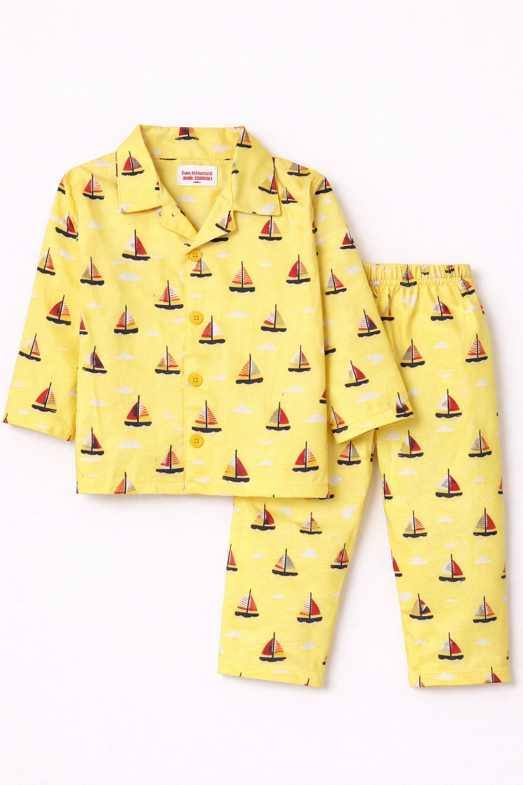 Dadda Doodle Cotton Woven Full Sleeves Co-ords Night Suit With Boat Print - Yellow