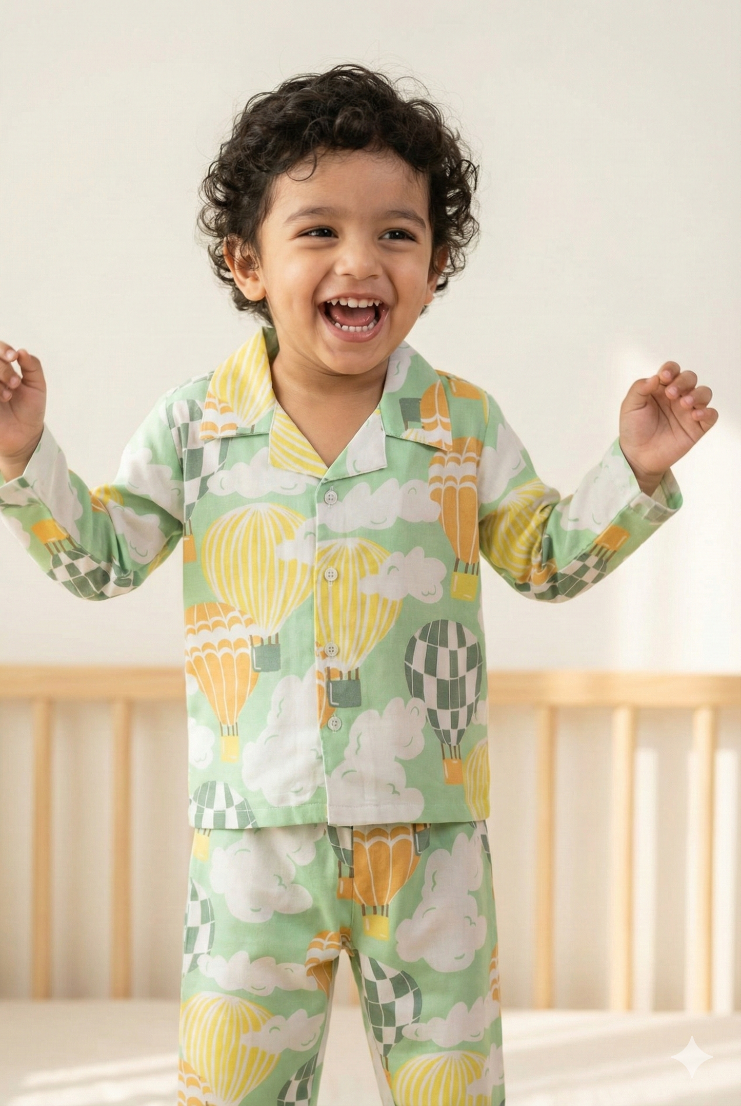 Dadda Doodle Cotton Woven Full Sleeves Co-ords Night Suit With Hot Air Ballon Print - Multi
