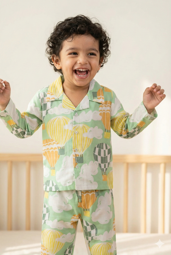 Dadda Doodle Cotton Woven Full Sleeves Co-ords Night Suit With Hot Air Ballon Print - Multi