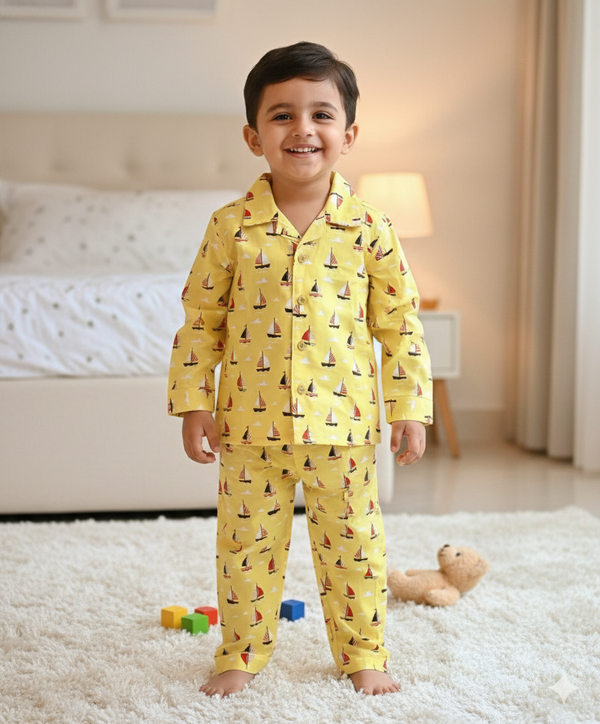 Dadda Doodle Cotton Woven Full Sleeves Co-ords Night Suit With Boat Print - Yellow