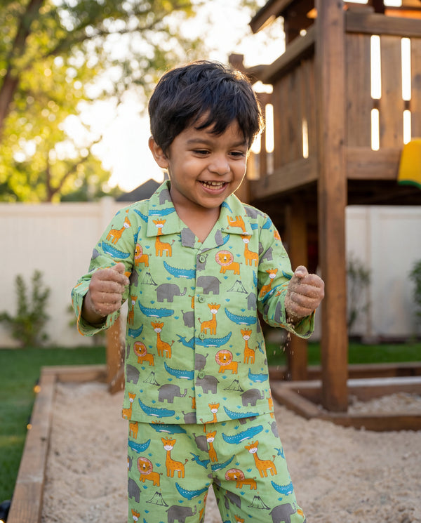 Dadda Doodle Cotton Woven Full Sleeves Co-ords Night Suit With Animal Print - Green