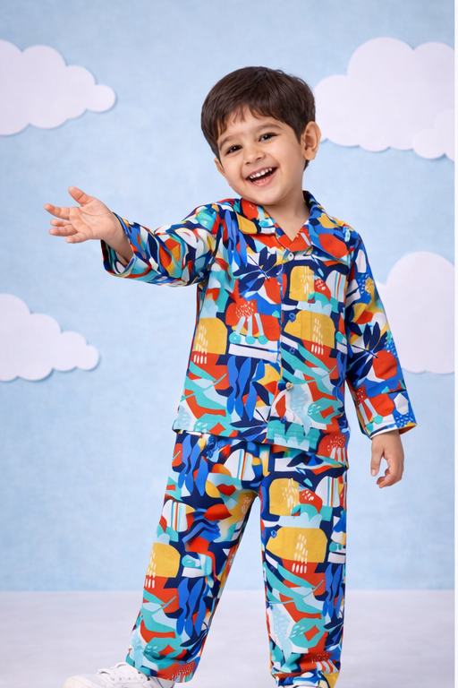 Dadda Doodle Cotton Woven Full Sleeves Co-ords Night Suit With Abstract Print - Multicolor